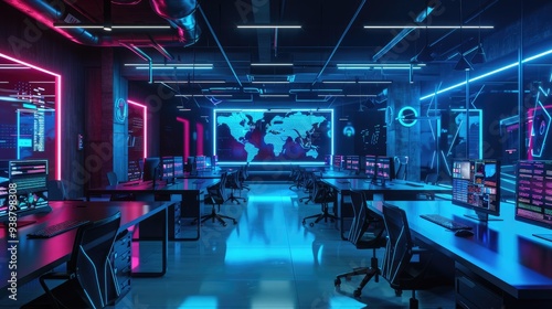 Wallpaper Mural Modern neon cyberpunk open space office interior with information technology overlay. Tables with computers for work. Torontodigital.ca