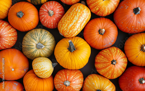 Various fresh ripe pumpkins, top view. Colorful autumn pumpkin harvest background. Thanksgiving texture, Halloween wallpaper, wrapping, digital paper, fall season vibes photo