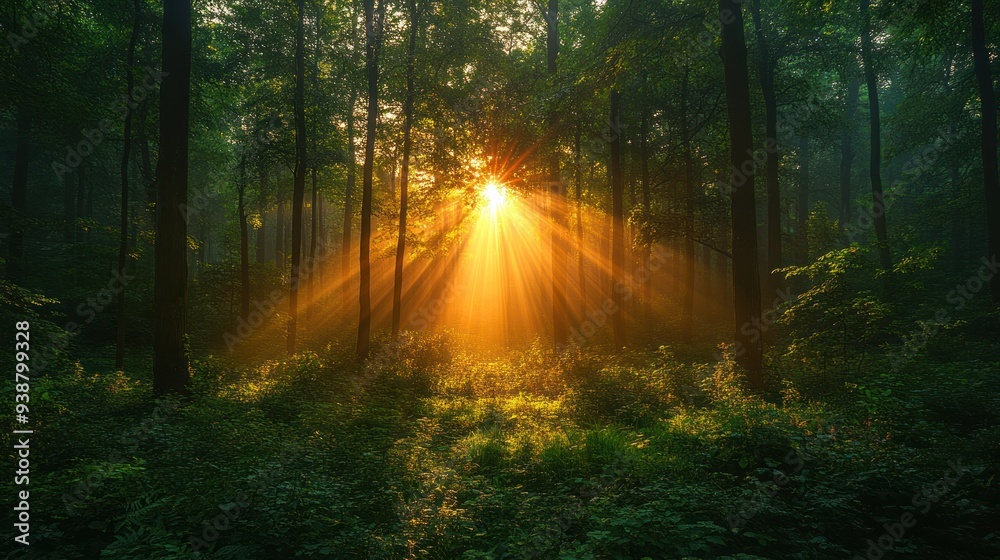 Naklejka premium Sunrise Through Forest