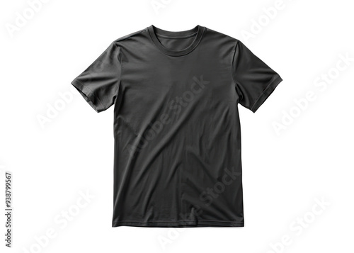 A black t-shirt with short sleeves is isolated against a white background. The t-shirt is laid flat and is slightly wrinkled