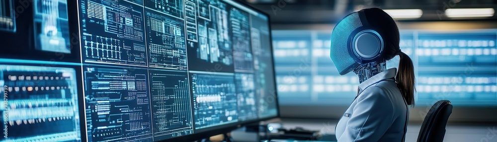 A futuristic operator interacts with advanced technology in a high-tech control room, showcasing innovation and digital systems. A futuristic operator interacts with advanced technology in a high-tech control room, showcasing innovation and digital systems.
