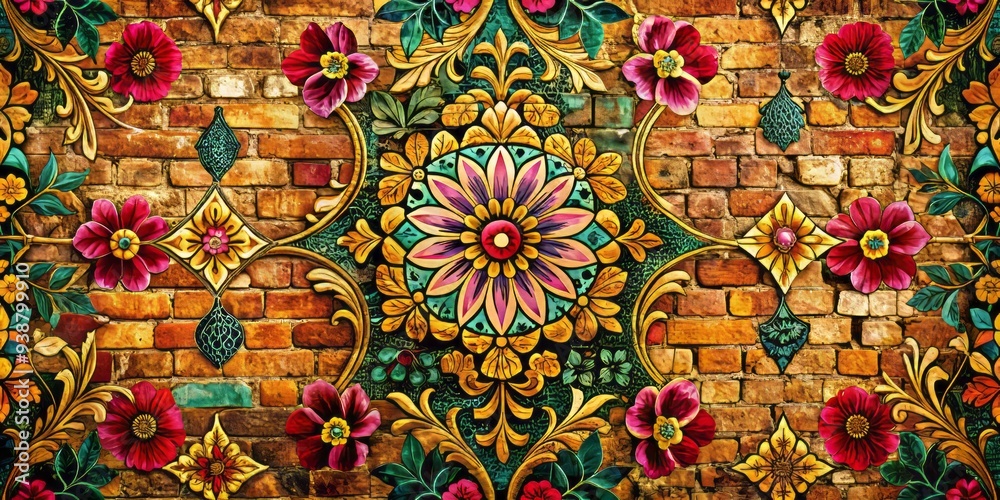 Fototapeta premium Vibrant floral patterns overlay intricate geometric designs on a distressed, weathered brick wall, radiant gold accents dancing across the textured surface. Moody, rustic, eye-level shot 