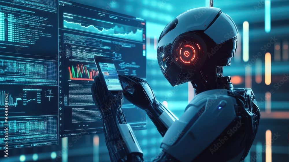 Futuristic robot analyzing data on a smartphone amidst a digital environment with glowing screens and graphs. Futuristic robot analyzing data on a smartphone amidst a digital environment with glowing screens and graphs.