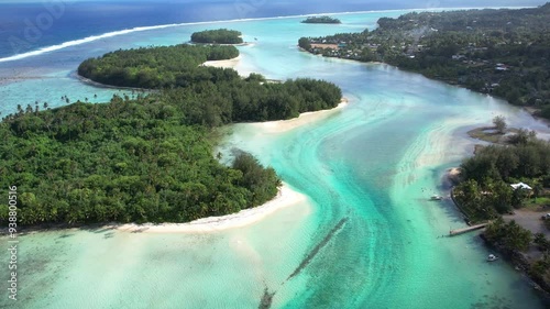 Sea lagoon with islets on Cook Islands, Rarotonga. Sea beautiful turquoise lagoon. A view of the natural paradise from above.