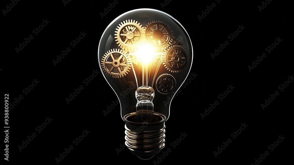 A bright idea visualized through a glowing light bulb floating above joining gears, representing innovation and the power of technology in driving new concepts, all set against a sleek black A bright idea visualized through a glowing light bulb floating above joining gears, representing innovation and the power of technology in driving new concepts, all set against a sleek black