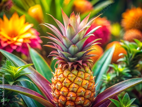 Exotic pineapple hybridized with succulent flowers amidst lush tropical foliage, rendered in soft focus, warm hues, and subtle grain, capturing a sense of serenity and subtle mystique.