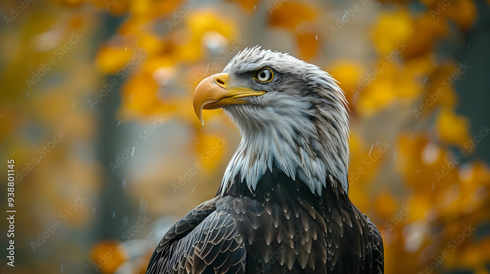 Fototapeta premium Bald Eagle Portrait in Autumn, Close-Up of a Bird of Prey with Yellow Background