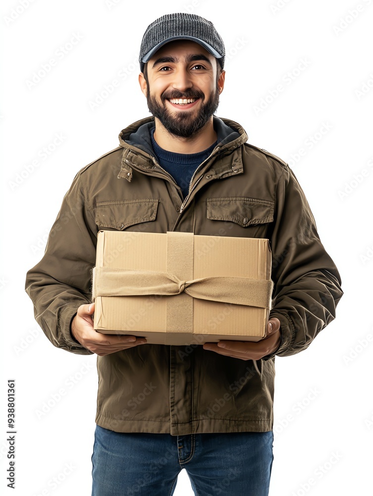 Smiling delivery man in a cap holding a package.