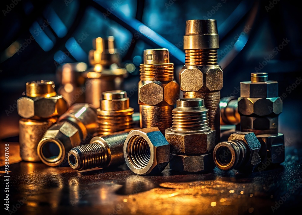 Industrial texture, dimly lit, close-up shot of various hydraulic fittings, primary focus on fittings' intricate details Industrial texture, dimly lit, close-up shot of various hydraulic fittings, primary focus on fittings' intricate details