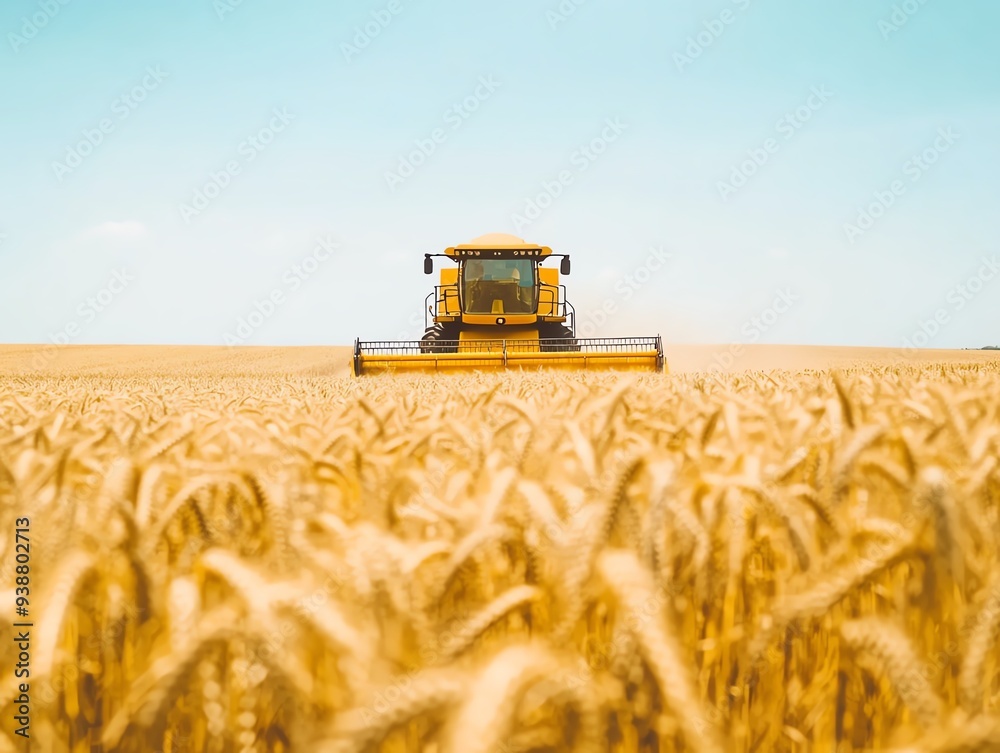 Obraz premium A bright yellow combine harvester working through a golden wheat field under a clear sky, captured from a low angle, showcasing the vastness of the farmland
