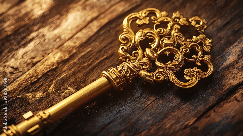 A closeup of an ornate golden key on a wooden surface, intricately designed with floral patterns, warm lighting enhancing the elegance and detail