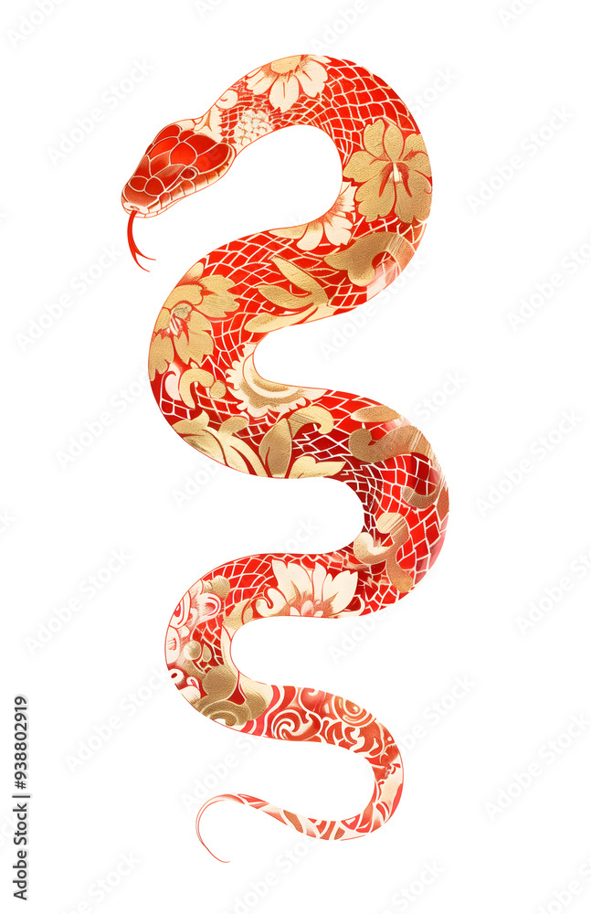 Fototapeta premium Simple red gold snake with floral ornament on skin in Chinese art style. Asian New Year 2025 isolated clipart