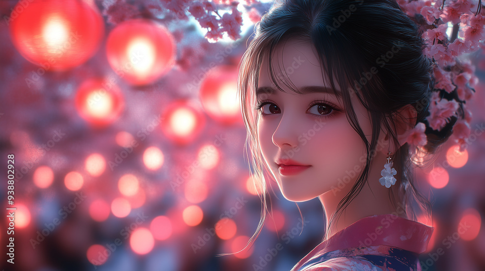 Beautiful Young Woman in Traditional Japanese Clothing with Cherry Blossoms and Lanterns Beautiful Young Woman in Traditional Japanese Clothing with Cherry Blossoms and Lanterns