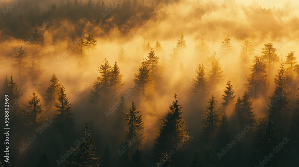 A dense pine forest shrouded in golden mist, early morning light filtering through, trees fading into the fog, shot from a high angle, ethereal and serene atmosphere A dense pine forest shrouded in golden mist, early morning light filtering through, trees fading into the fog, shot from a high angle, ethereal and serene atmosphere