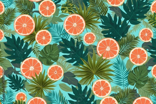 Colorful Modern Collage of Jungle Leaves in Vibrant Summer Patterns with Grapefruit and Teal Tones