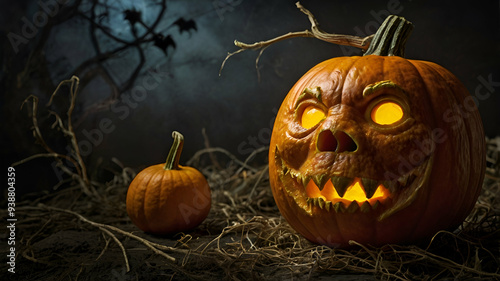 Glowing Halloween Pumpkin with Evil Face in Dark Forest