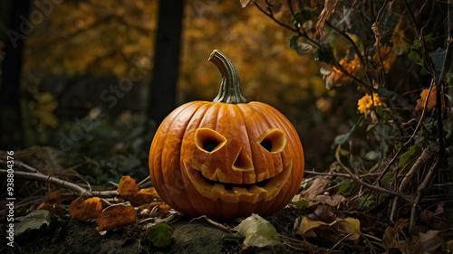 Smiling Jack O'Lantern in Autumn Forest