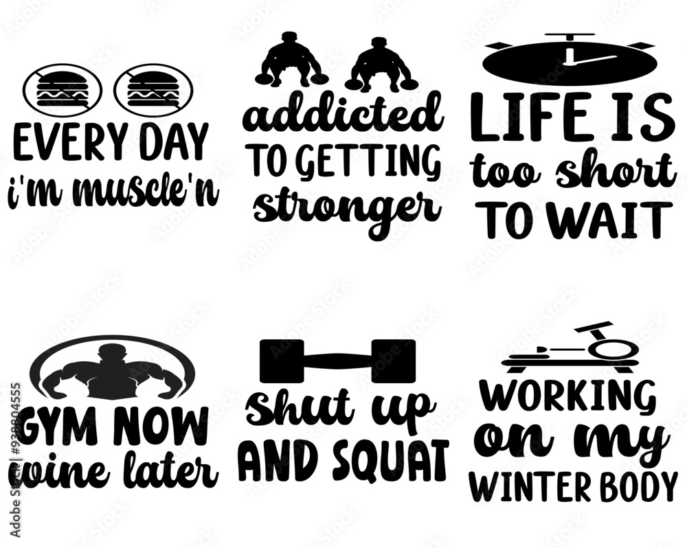 Naklejka premium Minimalist Gym Hand Lettering, Typography Collection Vector Illustration for Printing Press, Brochure, Stationery