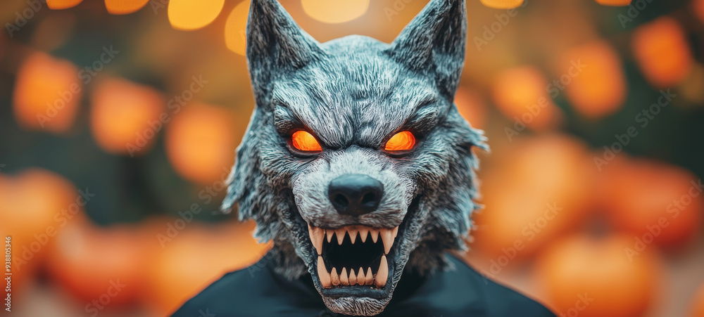 Fierce Werewolf with Glowing Eyes in Halloween Setting with Pumpkins and Bokeh Lights Fierce Werewolf with Glowing Eyes in Halloween Setting with Pumpkins and Bokeh Lights