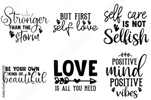 Elegant Self Love Calligraphic Lettering, Typographic Emblems Bundle Vector Illustration for Social Media Post, Holiday Cards, Packaging