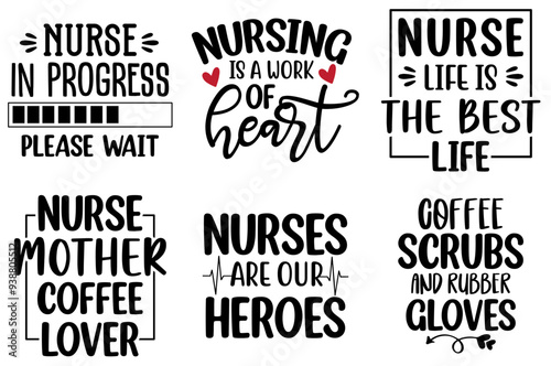 Elegant Nurse Inscriptions, Typographic Emblems Bundle Vector Illustration for Label, Bookmark, Holiday Cards