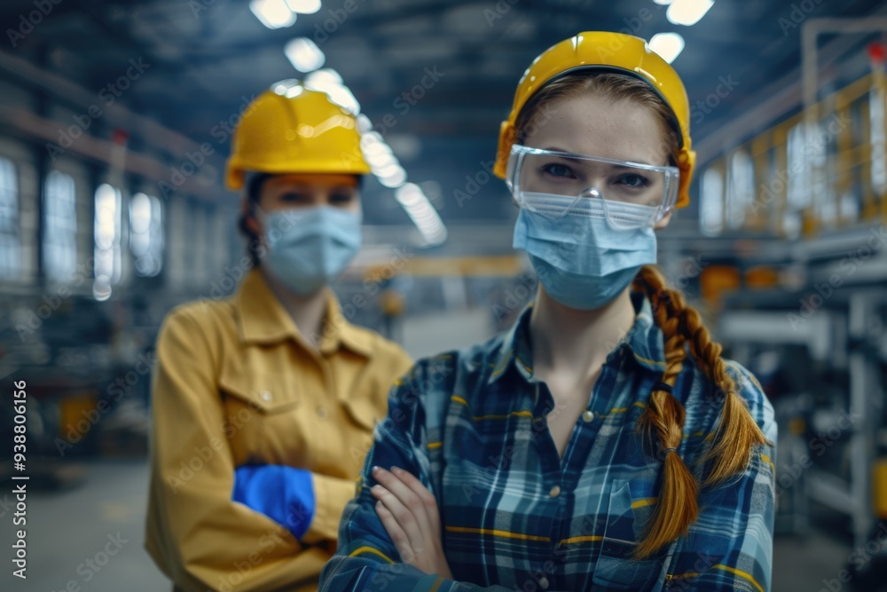 Female factory worker and engineer wearing masks during pandemic. Female factory worker and engineer wearing masks during pandemic.