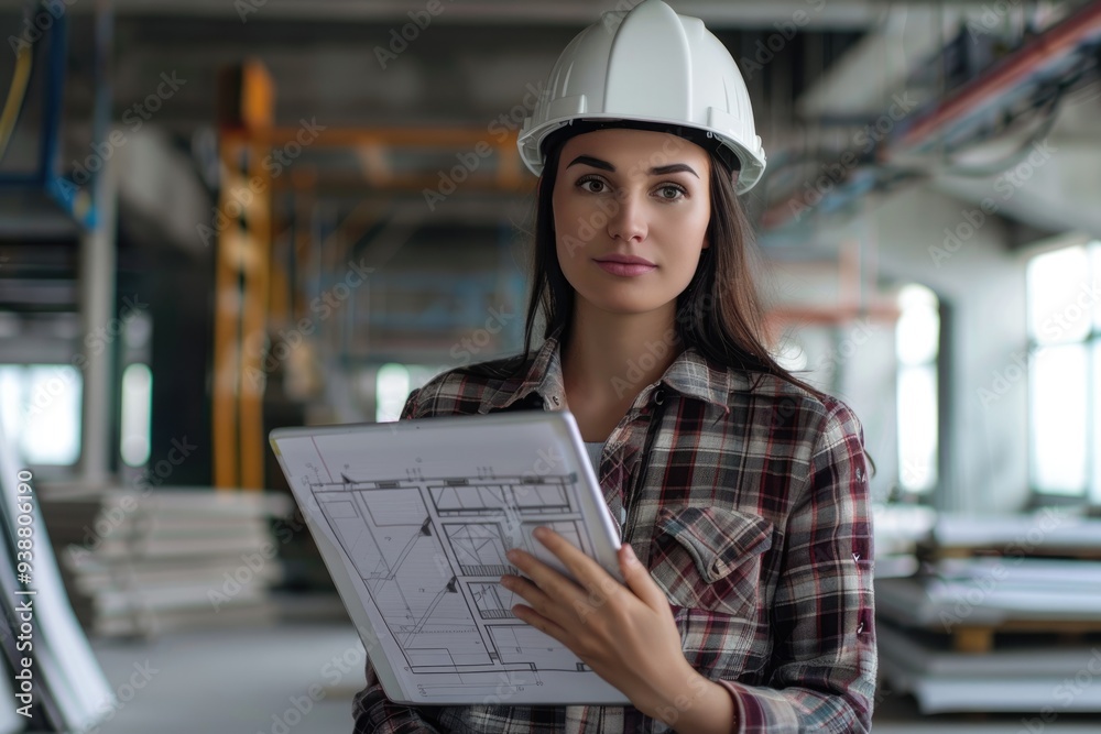 Female architect using tablet computer looking to camera Female architect using tablet computer looking to camera
