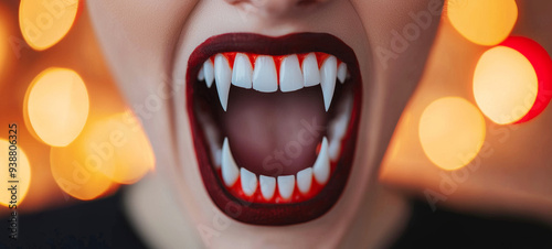 Wallpaper Mural Close-Up of Open Mouth with Sharp Vampire Fangs and Red Lips Against Blurred Bokeh Background Torontodigital.ca