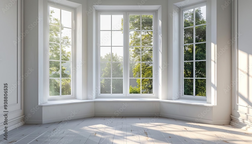 Fototapeta premium Home bay window, bright daylight, wide shot, isolate on white backgrounds