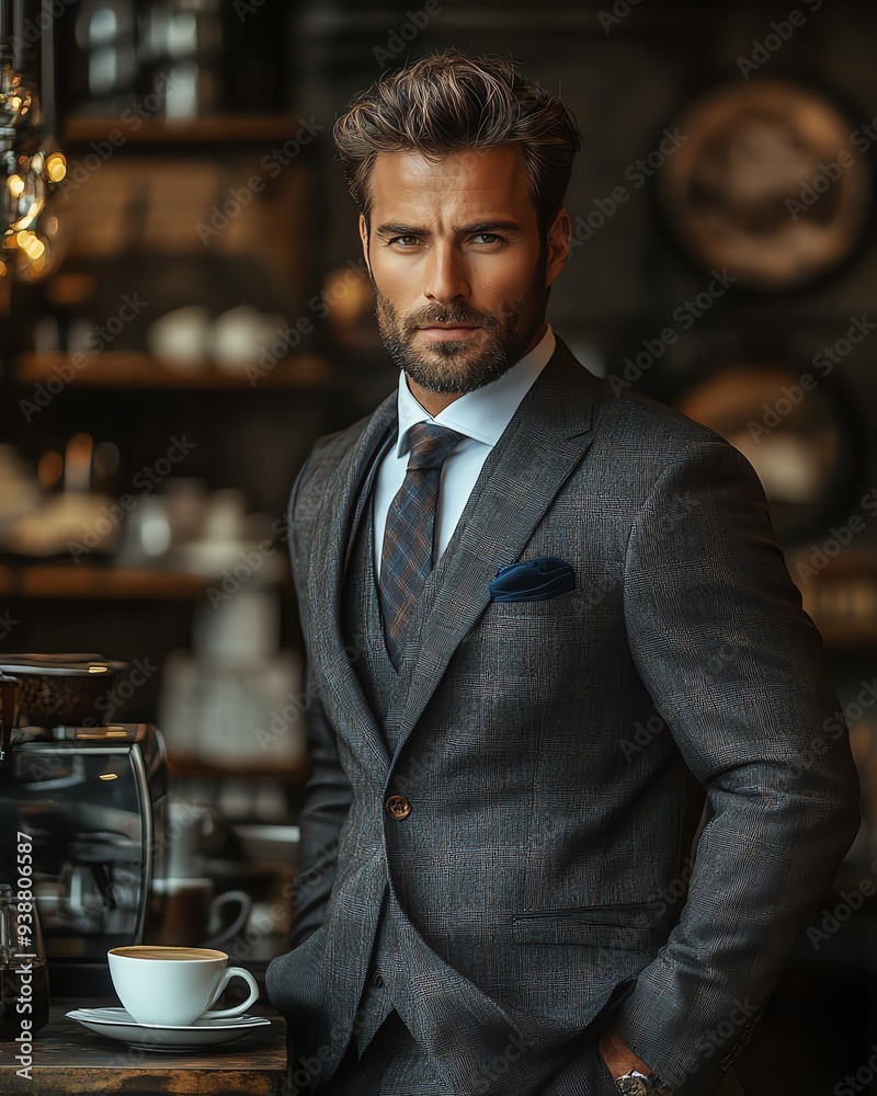 A handsome man in a suit leans against a counter in a cafe, holding a cup of coffee. A handsome man in a suit leans against a counter in a cafe, holding a cup of coffee.