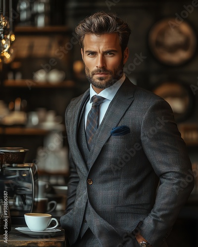 A handsome man in a suit leans against a counter in a cafe, holding a cup of coffee.