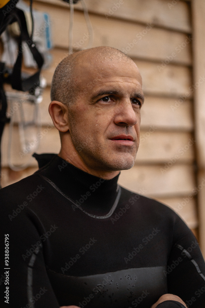 Portrait of confident kite surfer standing at beach. Portrait of confident kite surfer standing at beach.