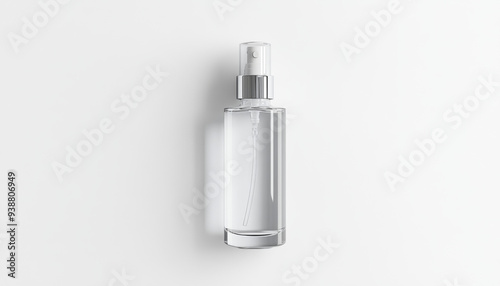 A clear bottle of perfume sits on a white background. The bottle is tall and slender, with a silver top. Concept of elegance and sophistication, as the perfume is often associated with luxury