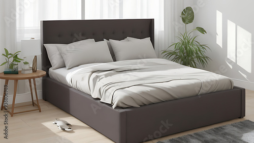 A stylish bedroom with a comfortable bed, luxurious bedding, soft lighting, modern furniture, and a soothing color palette