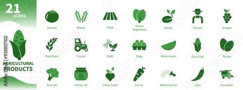 Agricultural products icon. Collection of icons for vegetables, food, farming, farm, farmer, harvester. Solid vector icons.