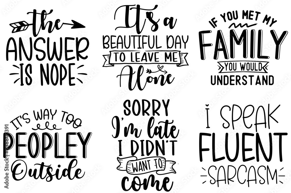Fototapeta premium Cute Sarcastic Typographic Emblems, Hand Lettering Pack Vector Illustration for Wrapping Paper, Banner, Brochure