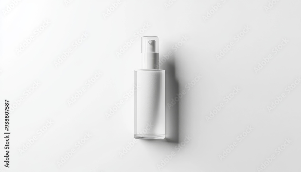 A bottle of clear liquid is sitting on a white background. The bottle is tall and slender, with a clear plastic cap. Concept of simplicity and minimalism A bottle of clear liquid is sitting on a white background. The bottle is tall and slender, with a clear plastic cap. Concept of simplicity and minimalism