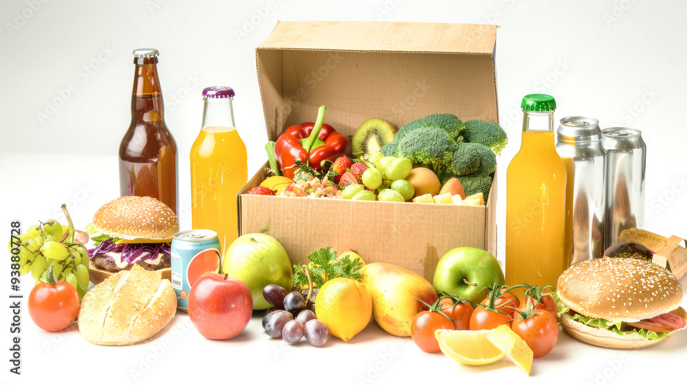 An appetizing array of fast food, fresh fruits, and refreshing beverages is creatively presented in a cardboard box against a bright backdrop