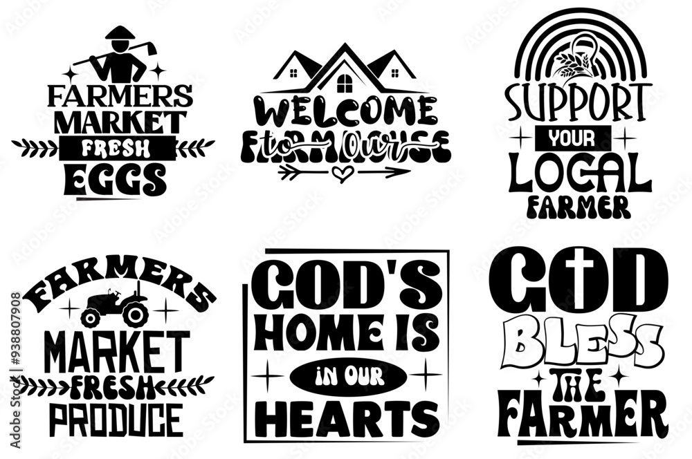 Fototapeta premium Vibrant Farmhouse Trendy Retro Style Illustration, Phrases Pack Vector Illustration for Stationery, Printing Press, Packaging