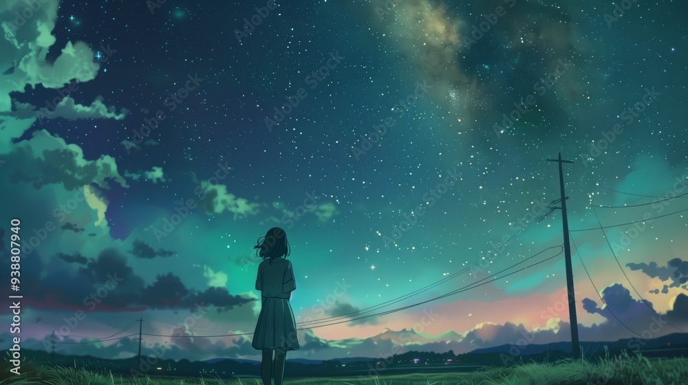 Naklejka premium lofi girl in the northern part to see Milkyway and aroura