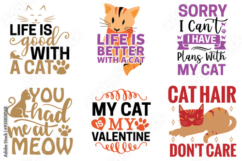 Colourful Cat Trendy Retro Style Illustration, Phrases Bundle Vector Illustration for Newsletter, Stationery, Greeting Card