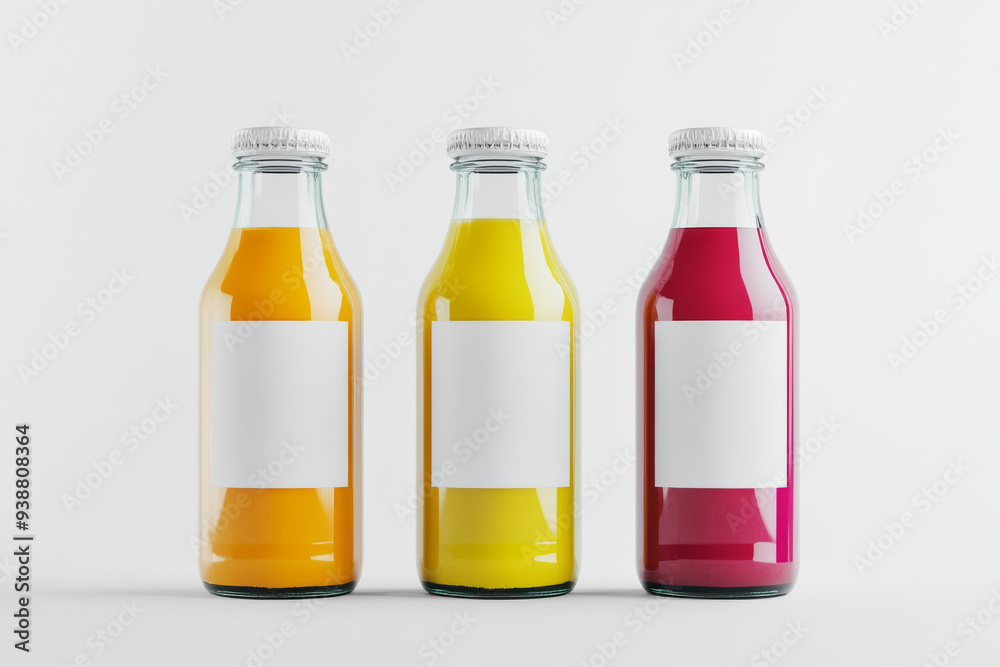 Three bottles of juice with a white label. The bottles are in a row and are all different colors Three bottles of juice with a white label. The bottles are in a row and are all different colors