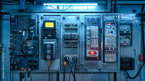The intricate electrical control panel glows under blue lighting, showcasing numerous switches, wires, and power boards in a modern industrial setting