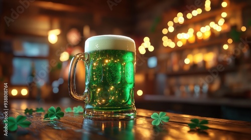 Green Beer Mug on Wooden Bar Counter with Shamrocks for St  Patrick s Day photo