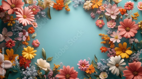 Wallpaper Mural Floral Frame with Pastel Flowers on a Turquoise Background Torontodigital.ca