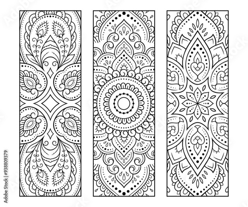 Printable bookmark for book - coloring. Set of black and white labels with flower patterns, hand draw in mehndi style. Sketch of ornaments for creativity of children and adults with colored pencils.