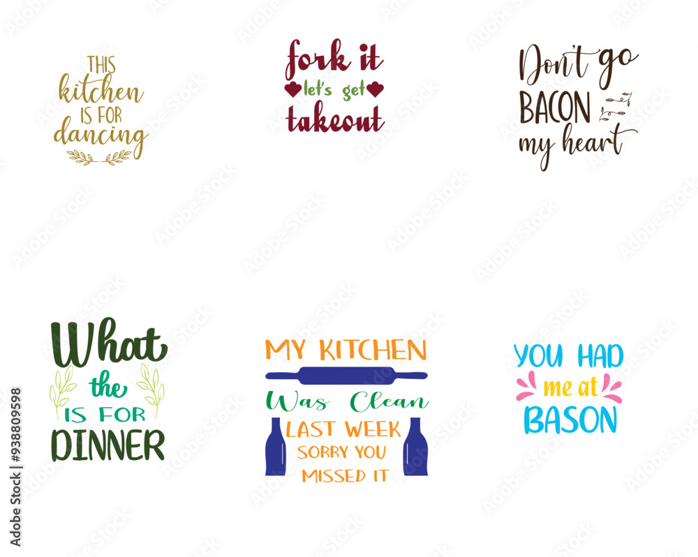 Fototapeta premium Vibrant Kitchen Quotes, Trendy Retro Style Illustration Set Vector Illustration for Printing Press, Packaging, Gift Card