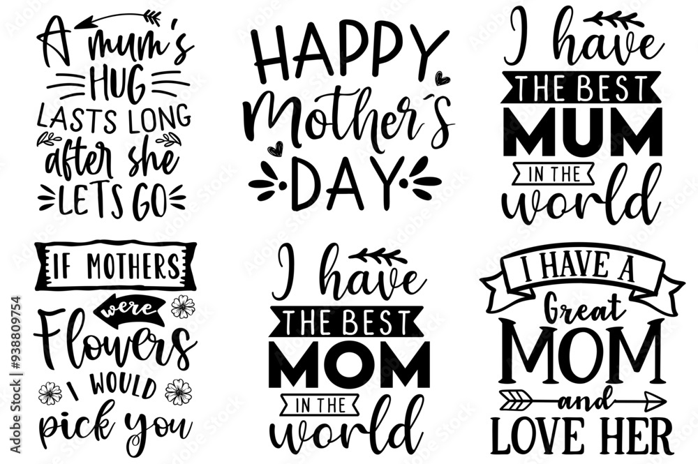 Fototapeta premium Elegant Funny Mom Inscriptions, Typographic Emblems Bundle Vector Illustration for Label, Vouchers, Newsletter
