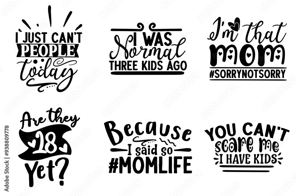 Obraz premium Cute Funny Mothers Day Calligraphy, Quotes Pack Vector Illustration for Packaging, Greeting Card, Stationery