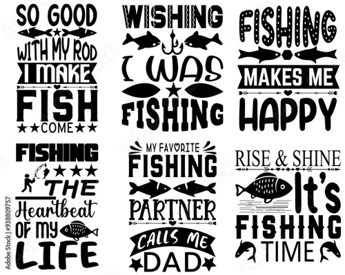 Elegant Fishing Trendy Retro Style Illustration, Typographic Emblems Bundle Vector Illustration for Bookmark, Book Cover, Printable